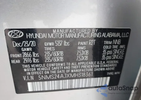 2021 Hyundai Santa Fe Sel z USA, uszkodzony, nr VIN 5NMS24AJXMH318361